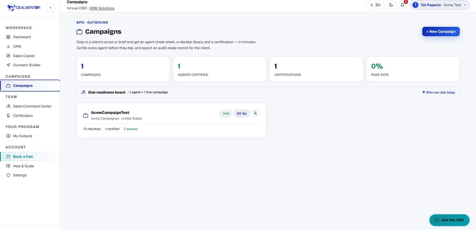 Campaigns, a live campaign published and assigned to a specific agent