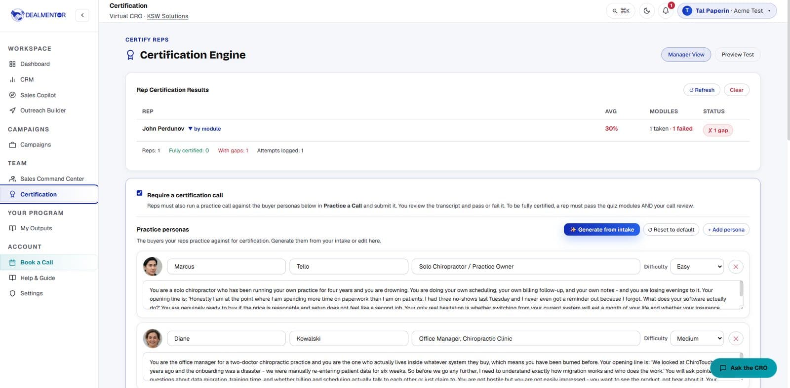 Rep Certification, modules, pass scores, and rep results in Manager View